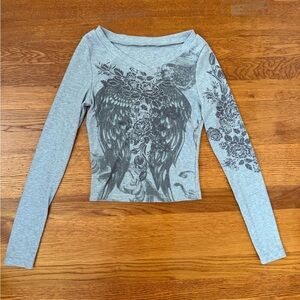 Y2K grunge Gray Graphic Long Sleeve Top